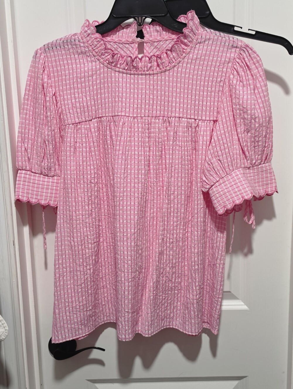 entro Pink Gingham Ruffle Neck Puff Sleeve Blouse - Picture 2 of 5